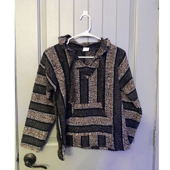 Mexican Textiles black tan BAJA HOODIE PONCHO RUG JACKET SURF Small Hooded S - Picture 1 of 6